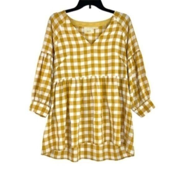 Maeve by Anthro Mustard Yellow Gingham Popover Blouse Vneck - Picture 2 of 6
